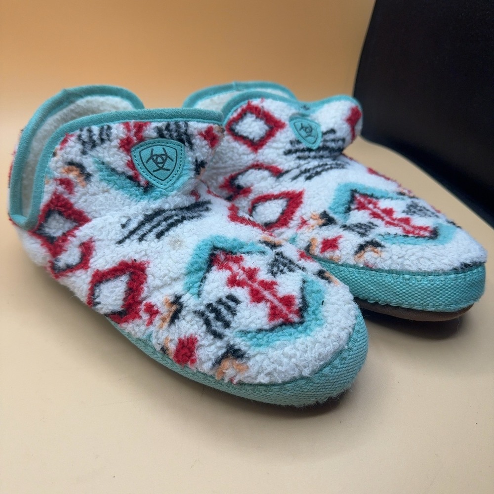 Ariat Slippers Moccasin Aztec Print Turquoise Sherpa Women's Size 7.5-8